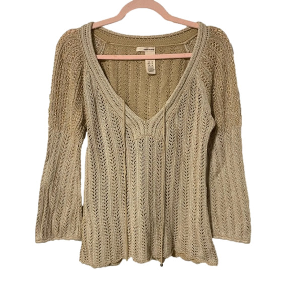 Vintage Sweaters - Vintage Hippie Boho Crochet Metallic Deep V-neck Lace up Top Size M - DKNY Jeans